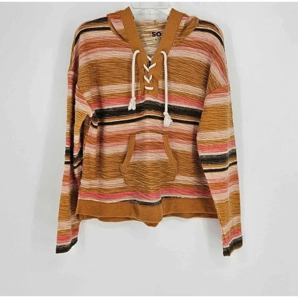 SO Southwestern Color Stretch Lace-up Hooded Kangaroo Pocket Sweater Size Small